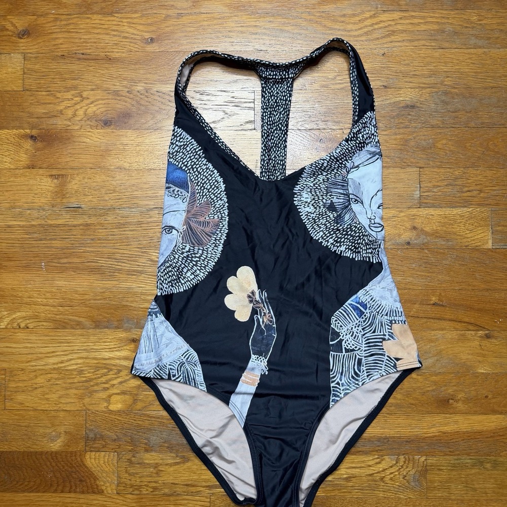Anthropologie x Jai Vasicek Printed One-Piece‎ Swimsuit Size Small Black